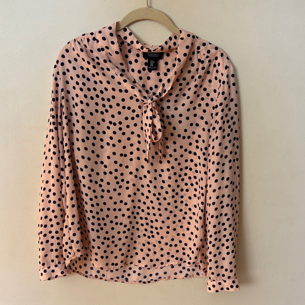 Jones New York Peach and Navy Polka Dot Blouse